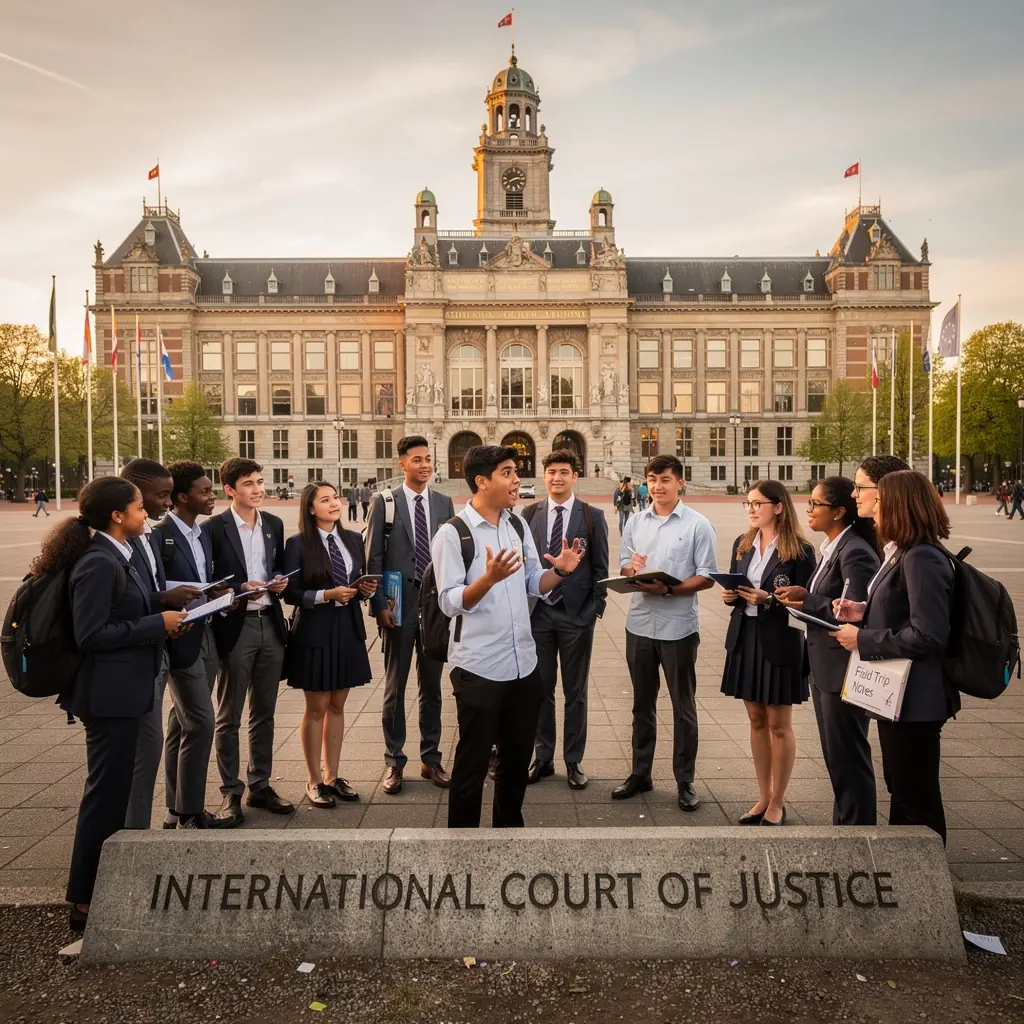Een historisch gebouw in Den Haag waar diplomatieke lezingen plaatsvinden, met bezoekers die notities maken.